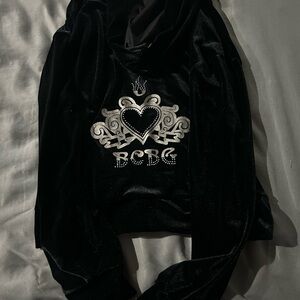 Bebe Black Velour Hoodie with Embellished Heart Logo